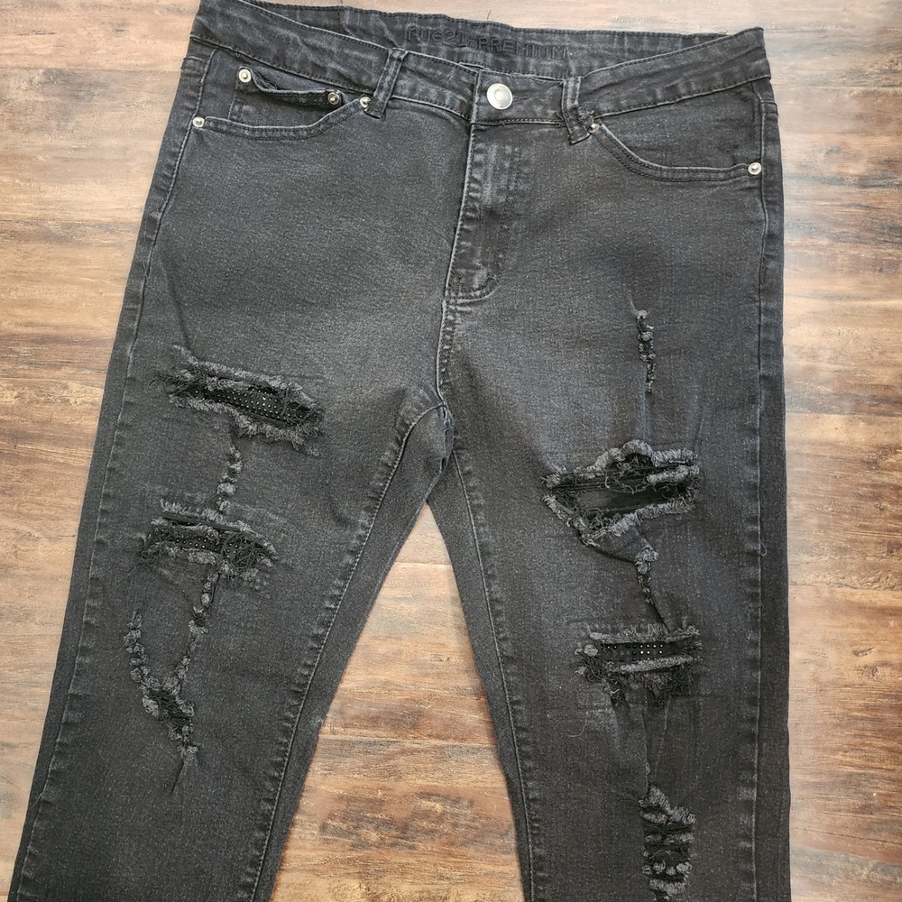 Rue21 Premium Distressed Jeans Women 34x30 Black Slim Stretch Ripped Denim Edgy